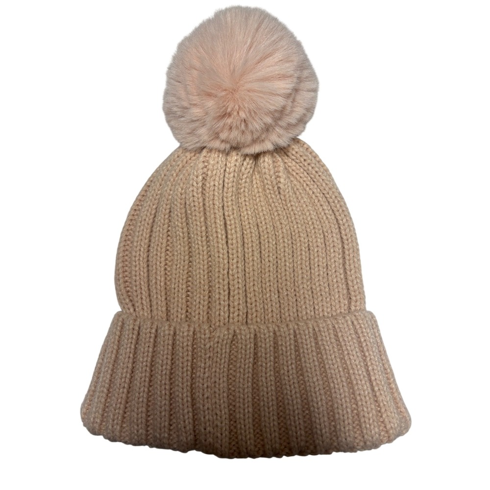 Vince Camuto Blush Pink Ribbed Knit Beanie Faux Fur Pom Pom Hat V9042324 NWT